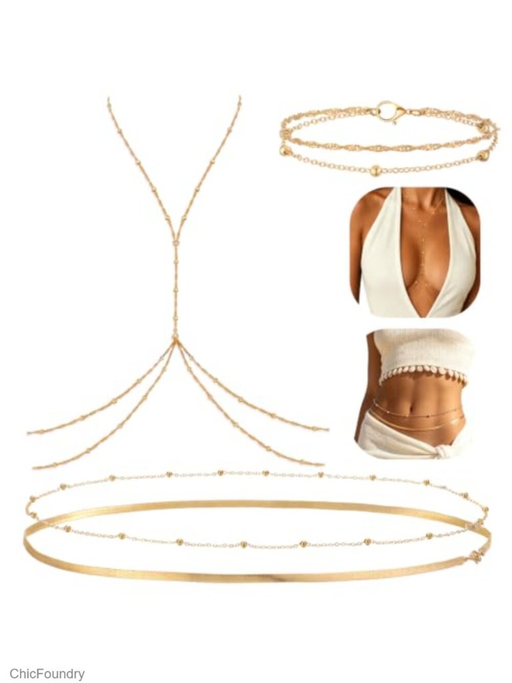Gold Body Chain Set with Anklet & Waist Chains for Women - 4 Pieces